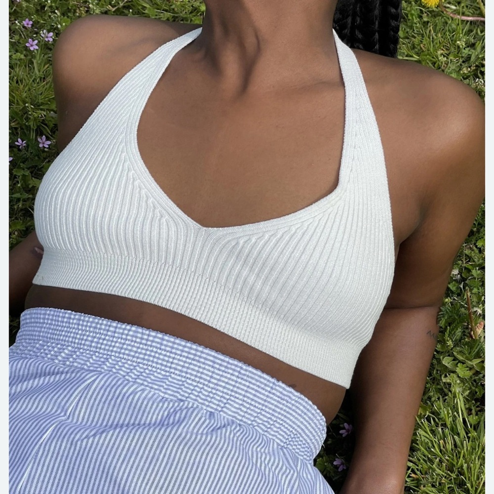 Djerf Avenue White Ribbed Halter Crop Top